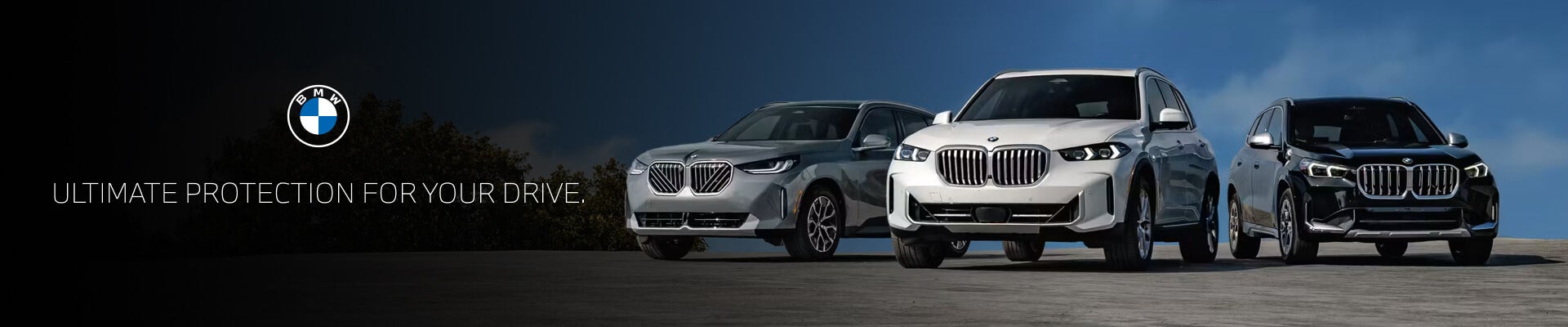 Three BMW cars parked side-by-side with the caption Ultimate Protection For Your Drive.