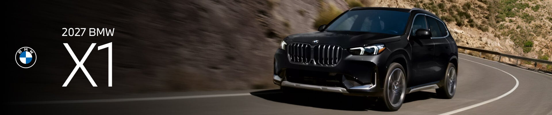 Front exterior action shot of a 2027 BMW X1 cornering around a mountain switchback.