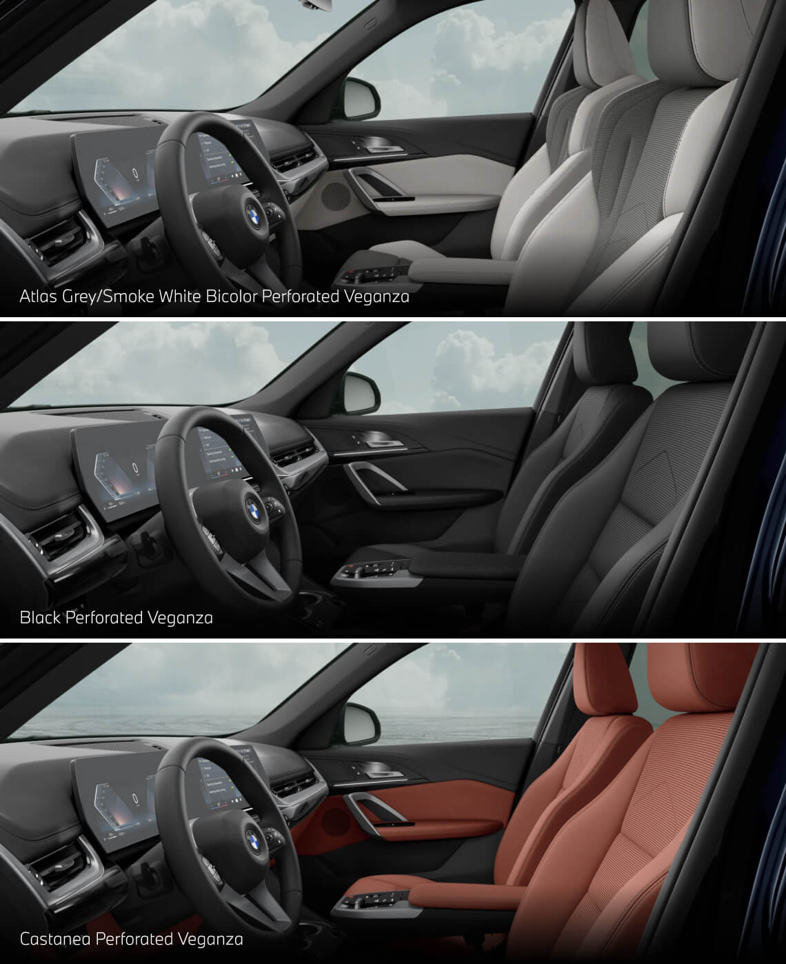 Interior images of the X1 interior showing Atlas Grey/Smoke White, Black and Castanea Perforated Veganza.