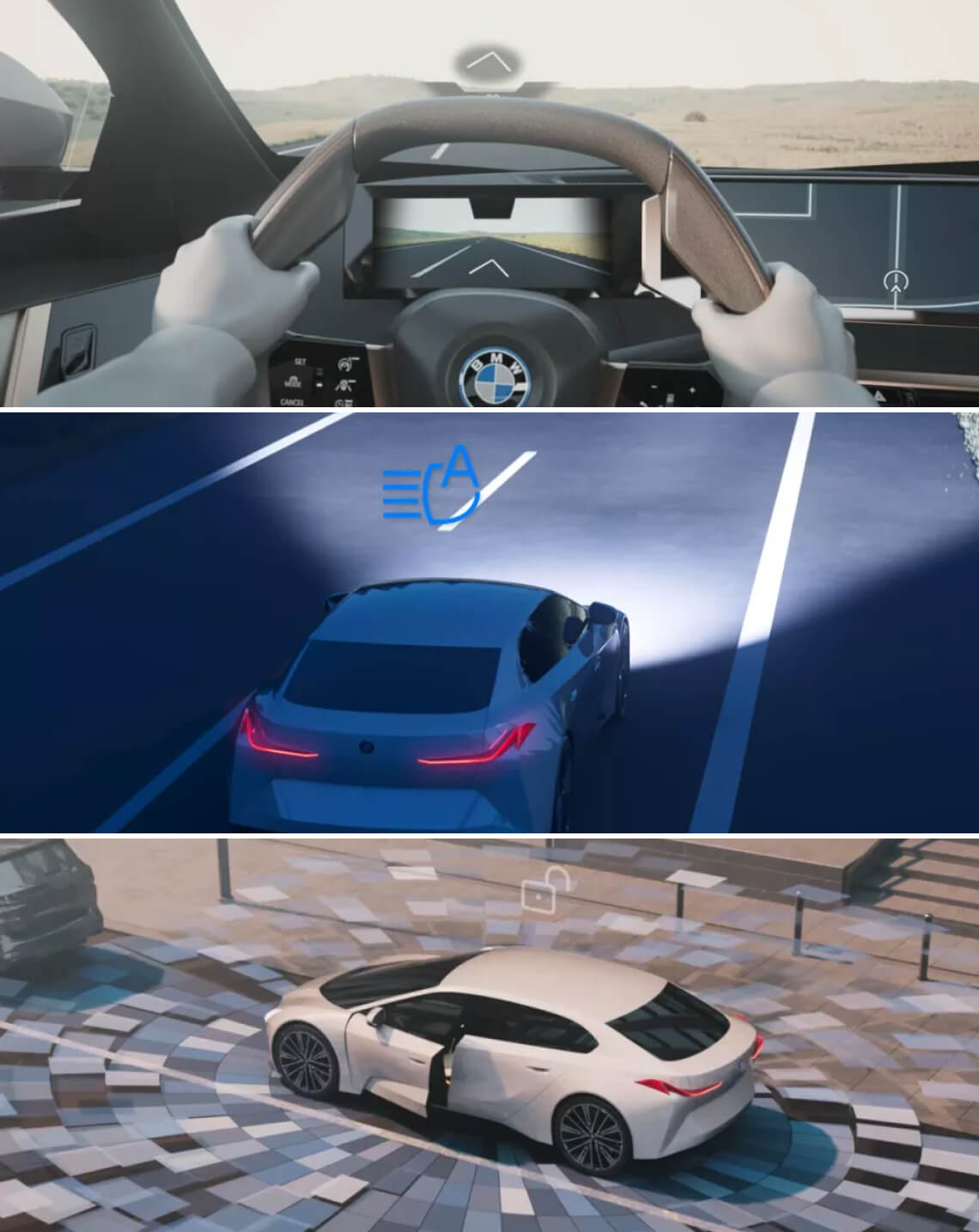 Computer generated illustrations of BMW safety features including automatic high beams, lane assist and auto unlock.